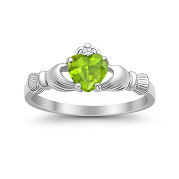Heart Shape Simulated Peridot CZ Claddagh Wedding Ring 925 Sterling Silver